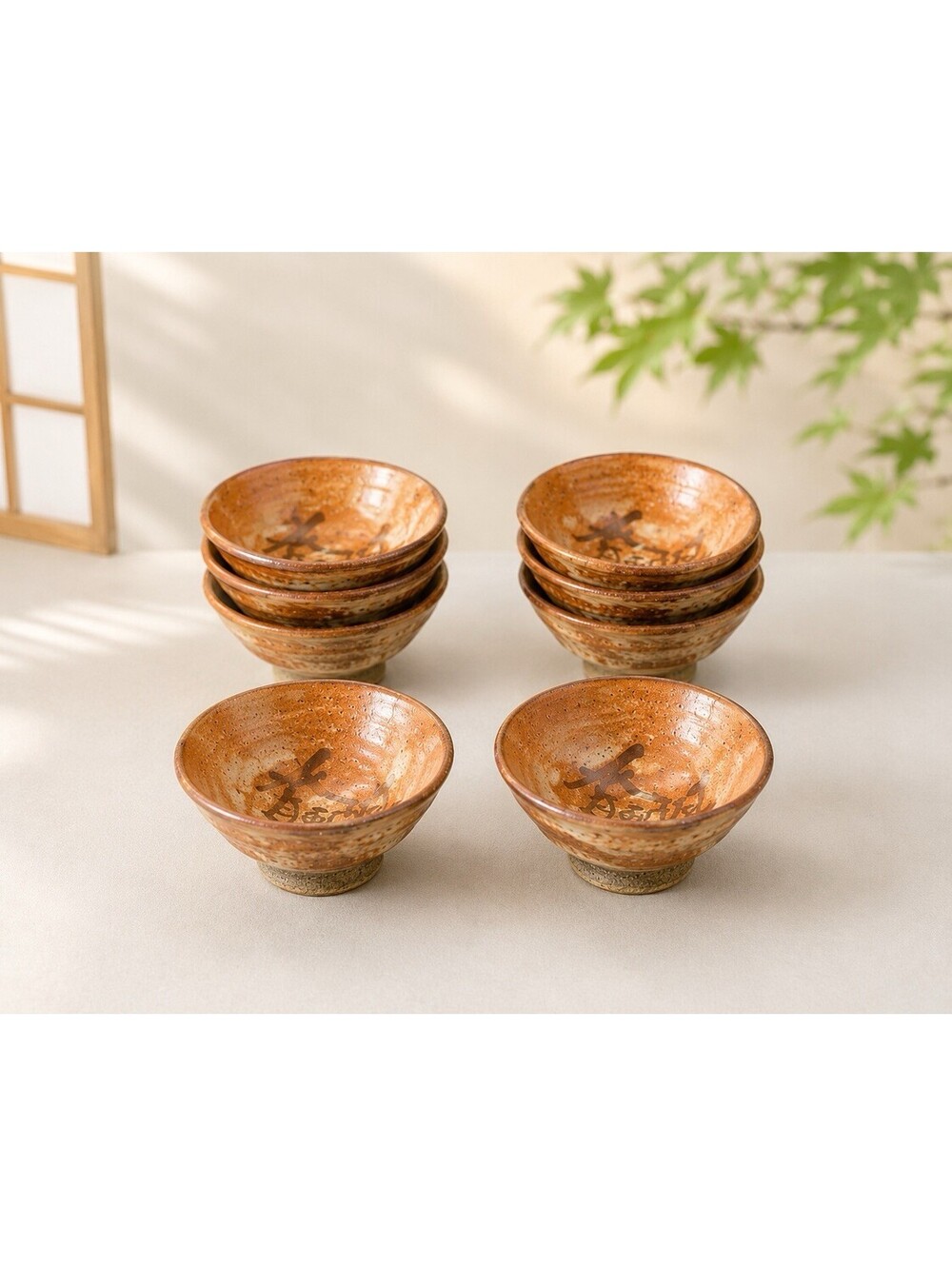 Japanese Vintage 1970s Set Of 8 Guinomi Sake Cups Ash Glazed Stoneware, 2.5x2”